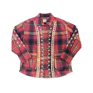 NWOT WE THE FREE Pink Plaid Embroidered Flannel Shirt Women's Size M